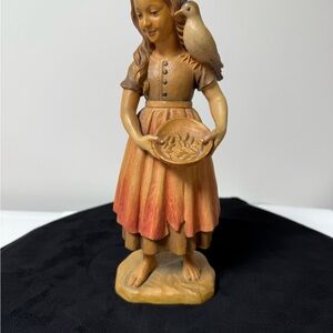 Italian Vintage ANRI wood carved Girl with bird. 9.5” tall no imperfections
